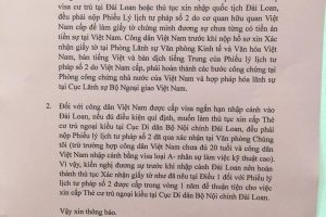 Thông báo chính thức của Lãnh sự đối với thủ tục xin Visa Đài Loan